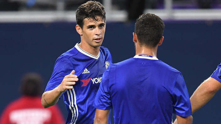 MINNEAPOLIS, MN - AUGUST 03: Oscar of Chelsea celebrates scoring his second and his sides third goal  during the 2016 International Champions Cup match between Chelsea and AC Milan at U.S. Bank Stadium on August 3, 2016 in Minneapolis, Minnesota.  (Photo by Darren Walsh/Chelsea FC via Getty Images)